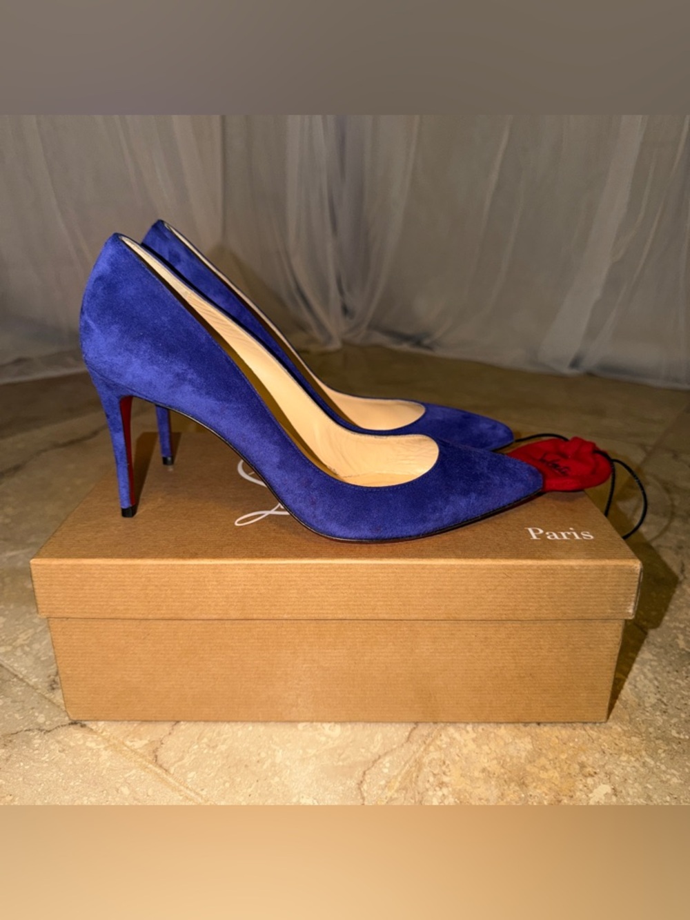 Christian Louboutin Pigalle Follies 85mm 37.5 Blue Suede + Box & Extra Heel Taps - Picture 14 of 16